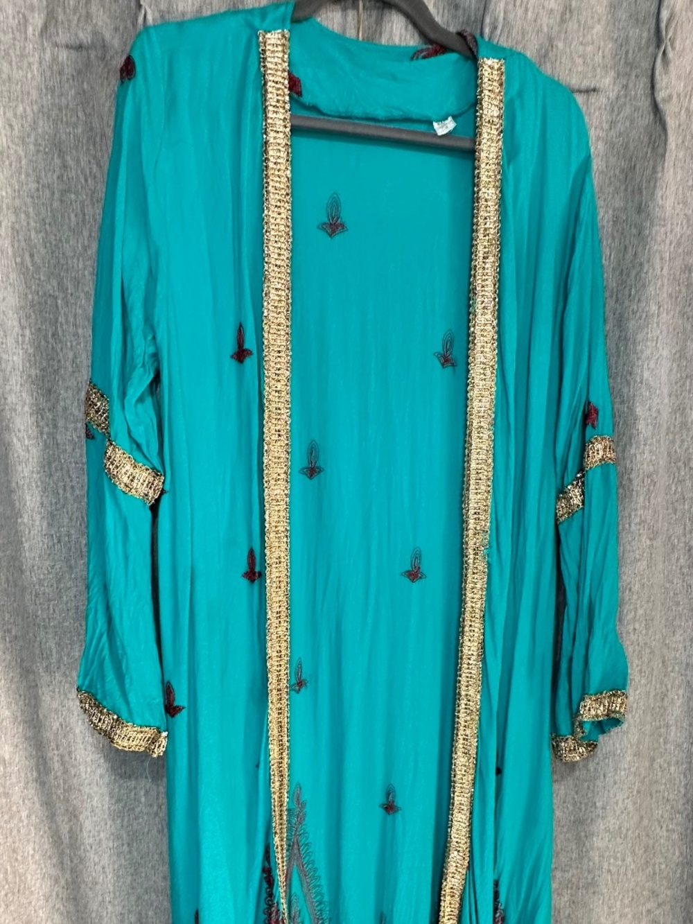 Boho Teal Open Front Kaftan Duster Kimono Made in Kuwait Size 3 Gold Trim